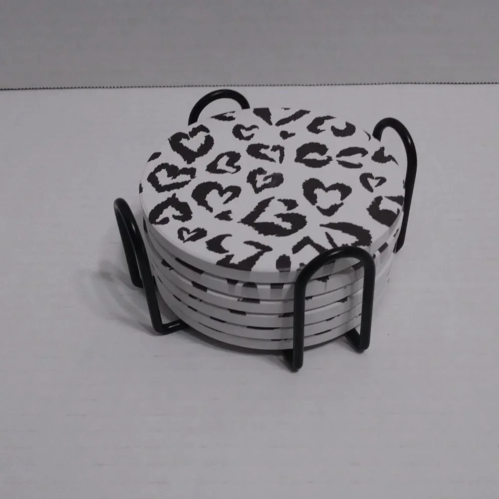 Ceramic Coaster With Cork Base And Holder Set With Hearts 6 Piece